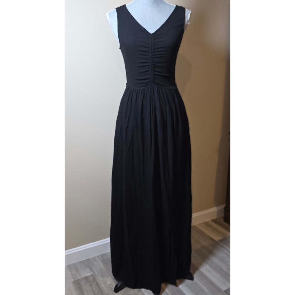 Young Fabulous & Broke Black Ruched‎ V-Neck Maxi Dress Sleeveless Pockets Size S